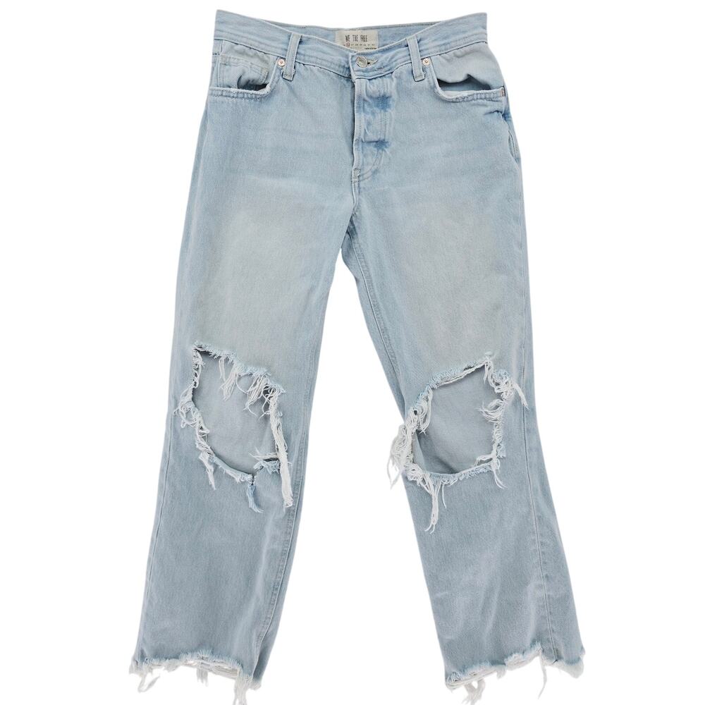 Free People Straight Leg Full Button Fly Distressed Light Wash Jeans 26